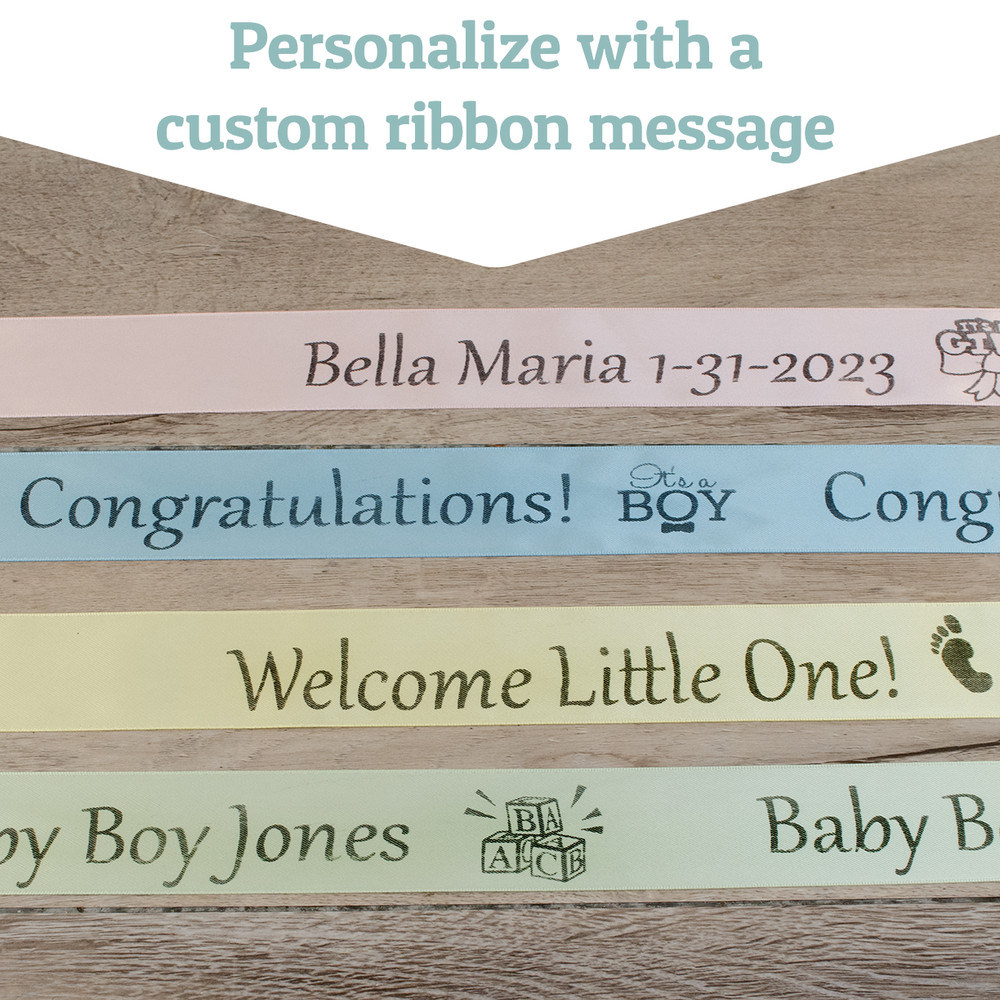 ribbon with personalized wording in the shades brown, blue, green, and purple